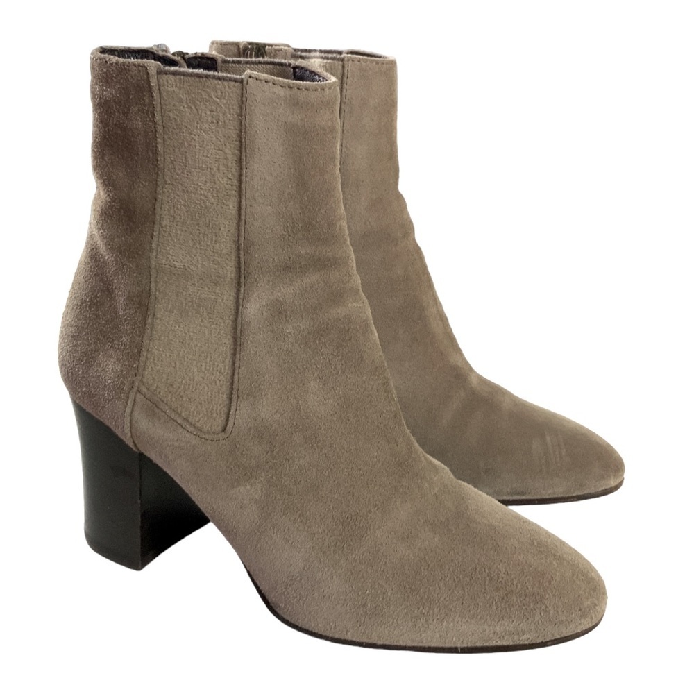 Aquatalia Frida Suede Lea Booties in mushroom, taupe solid color, stacked heel 5